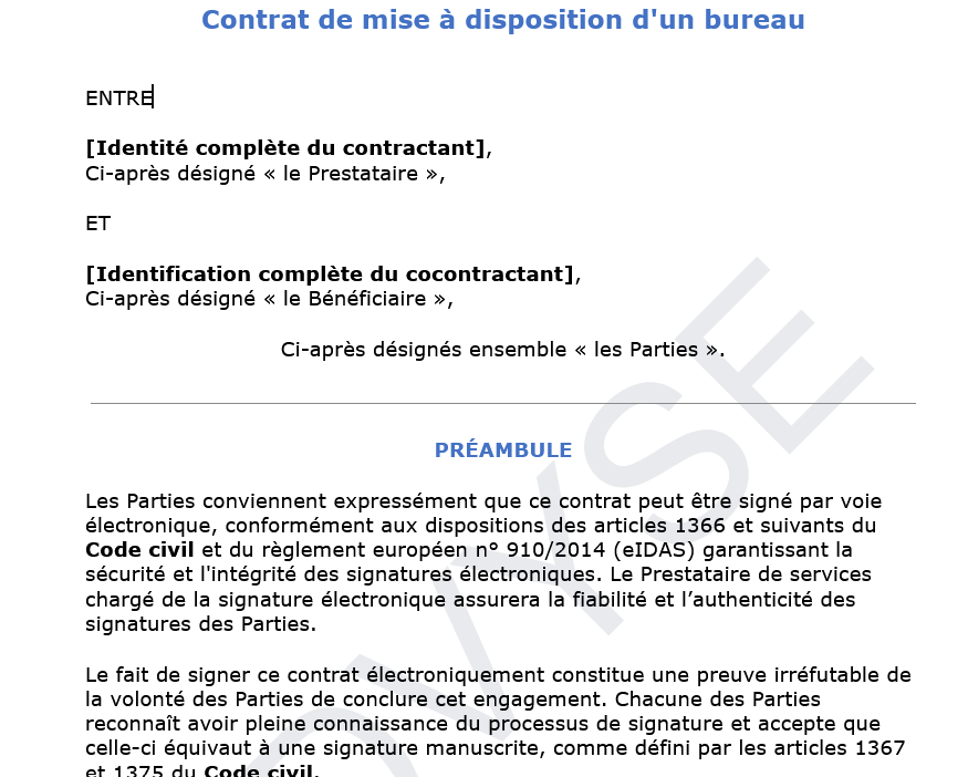 Modèle de contrat de mise à disposition d’un local | Advyse