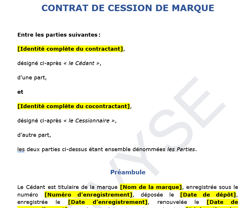 Contrat de cession de marque : modèle prêt à l’emploi