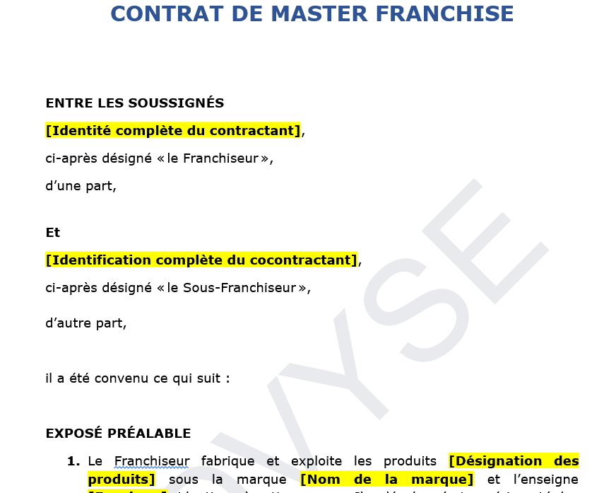 Modèle de contrat de master franchise