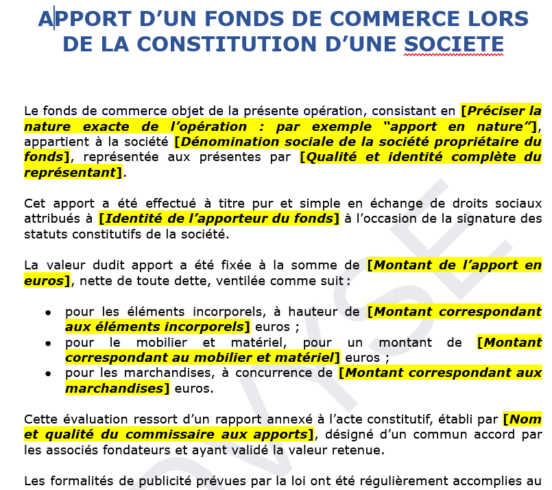 Modèle d’acte d’apport d’un fonds de commerce