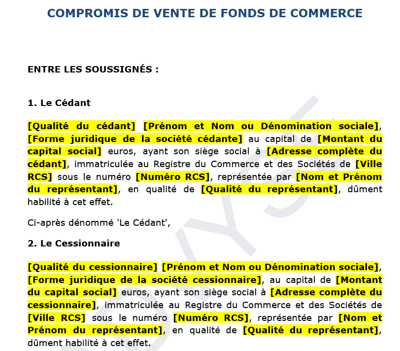 Modèle de compromis de vente fonds de commerce