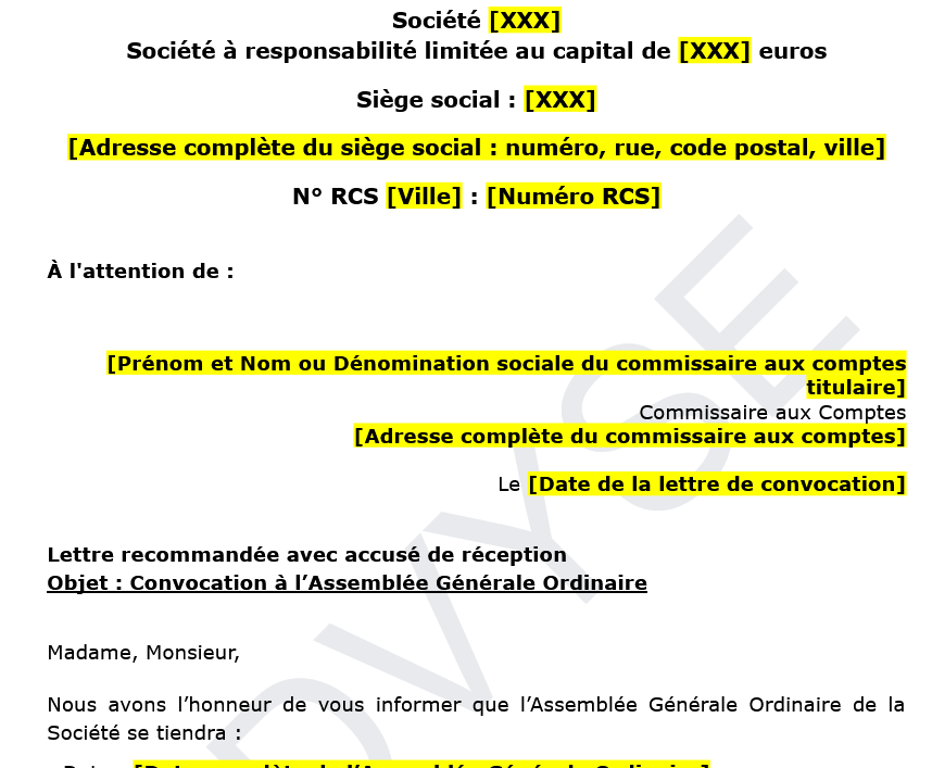 Modèle de Convocation d’un Commissaire aux Comptes en SARL