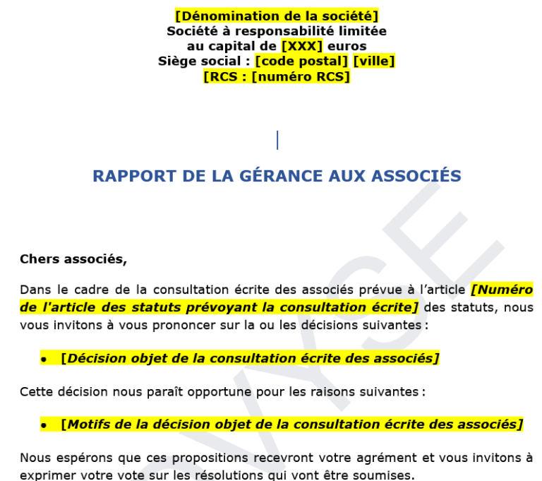 modèle de rapport de la gérance à l’ago sarl