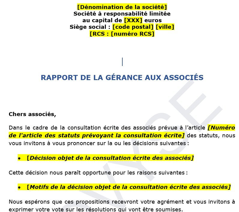 modèle de rapport de la gérance à l’ago sarl