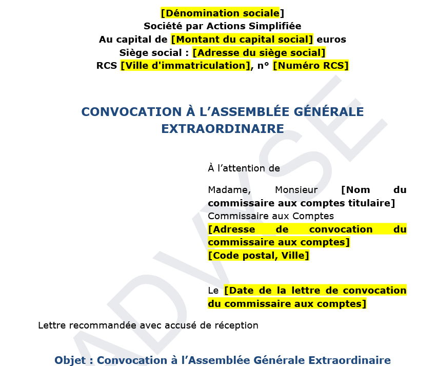Convocation à une Assemblée Générale Extraordinaire de SAS