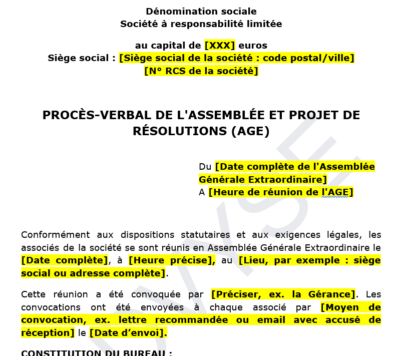 Modèle de procès-verbal d’Assemblée Générale Extraordinaire pour une SARL
