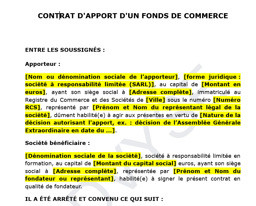 Modèle de Contrat d’Apport de Fonds de Commerce pour SARL