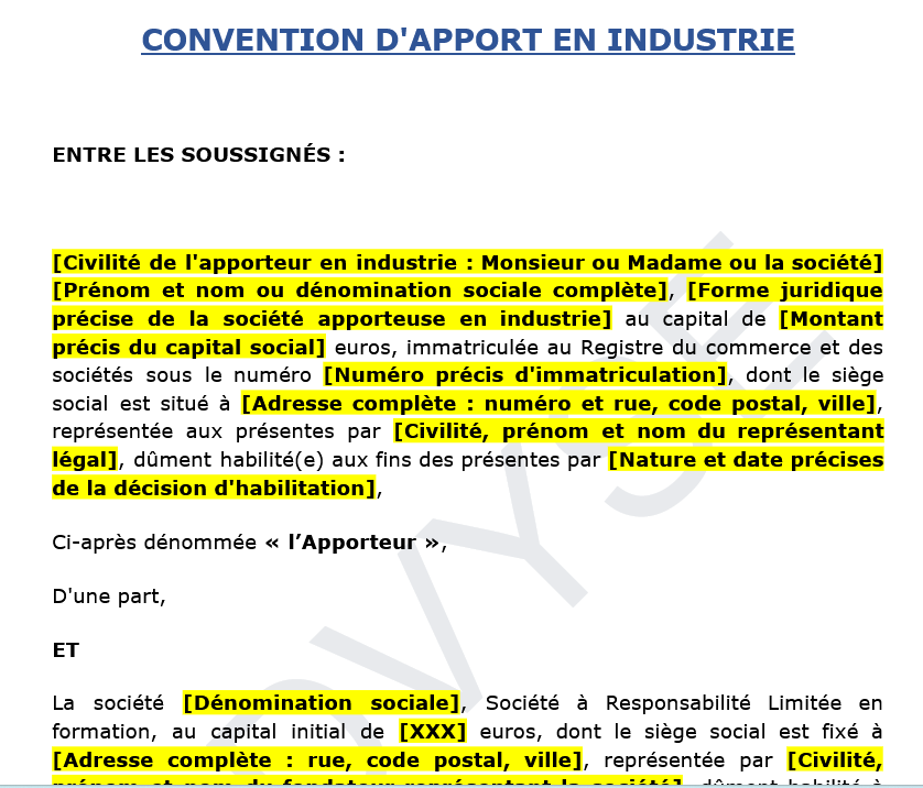 Convention d’apport en industrie SARL : Modèle à télécharger