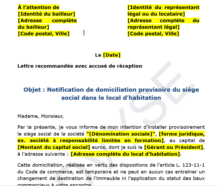 Domiciliation provisoire du siège social : cadre légal et procédure