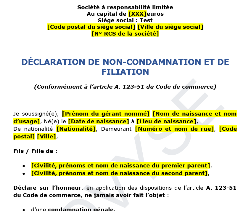 Attestation sur l'honneur de non-condamnation et de filiation SARL