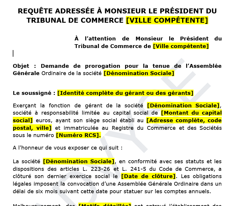 Demande de prorogation pour l’Assemblée Générale Ordinaire