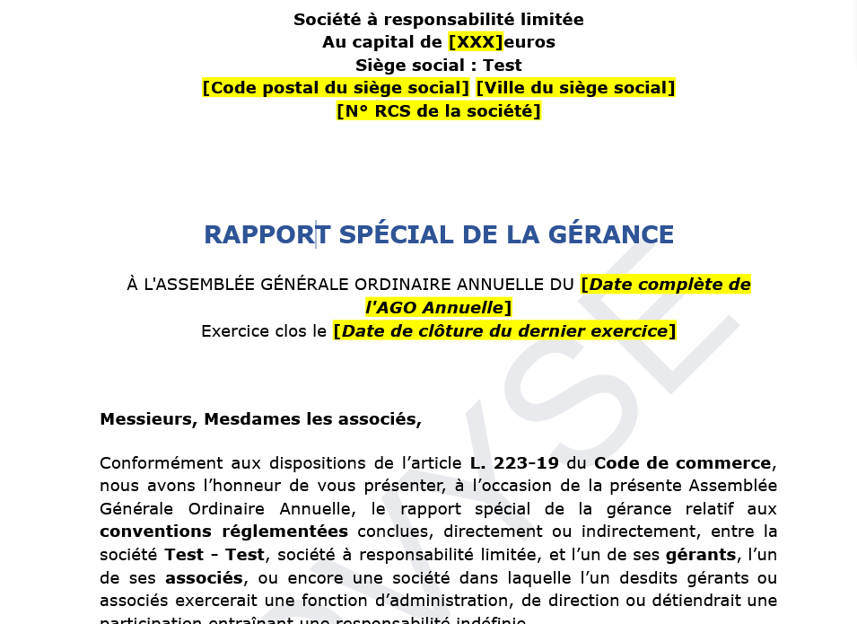 rapport spécial gérance conventions réglementées