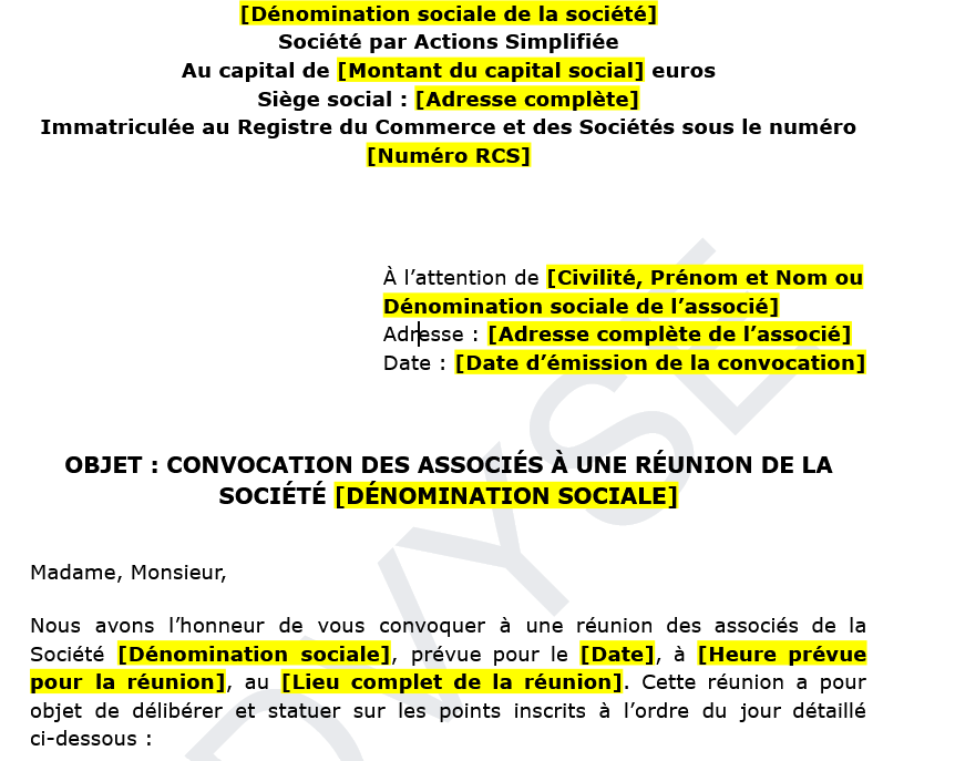 Modèle de convocation des associés pour une réunion de SAS