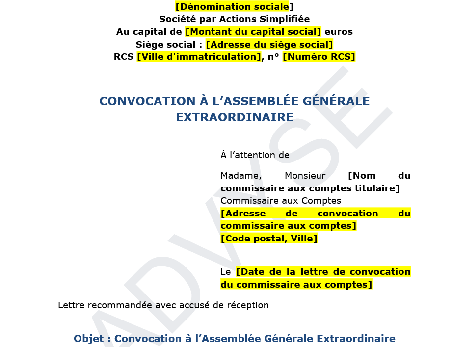 modèle de convocation à une assemblée générale extraordinaire de sas