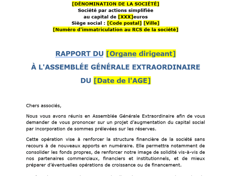 Augmentation de capital par réserves : modèle à télécharger