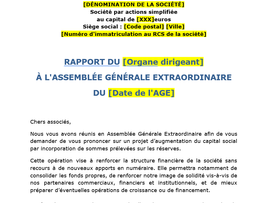 Augmentation de capital par réserves : modèle à télécharger