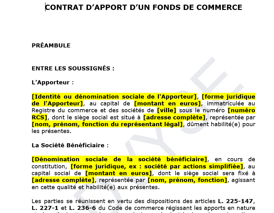 Modèle de Contrat d’Apport d’un Fonds de Commerce pour SAS