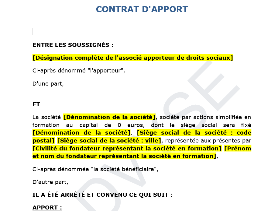 modèle de contrat d’apport de droits sociaux à une sas