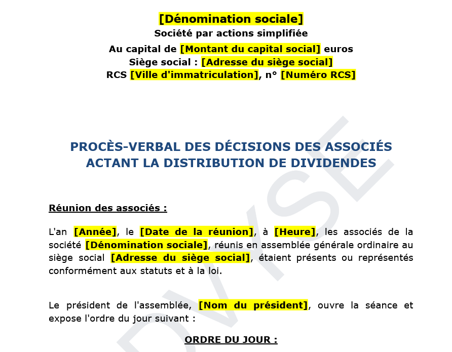 Procès-verbal de distribution de dividendes en SAS