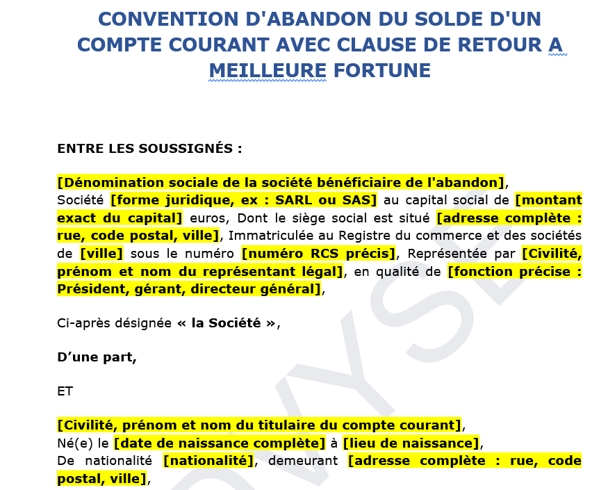 Convention d’abandon de compte courant avec retour à meilleure fortune