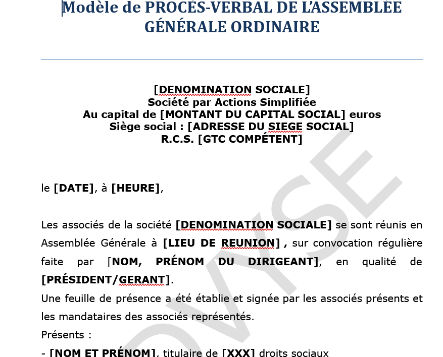 Modèle de PROCÈS-VERBAL DE L’ASSEMBLÉE GÉNÉRALE ORDINAIRE