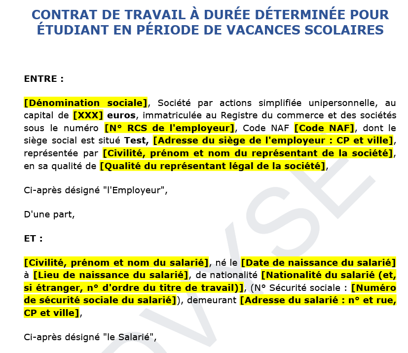 Contrat CDD étudiant en vacances scolaires