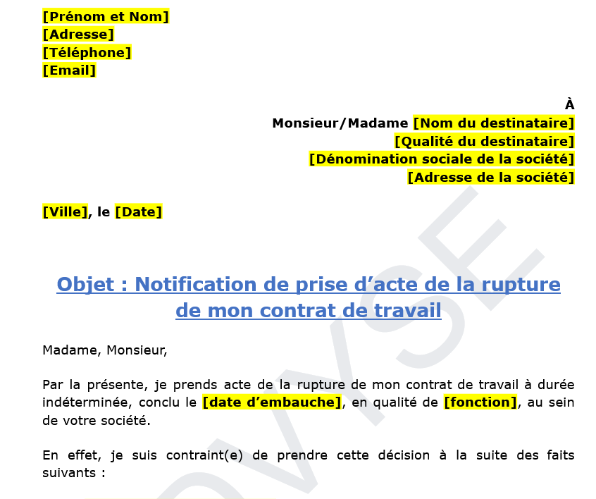 Modèle de lettre suite à une prise d'acte de rupture par le salarié