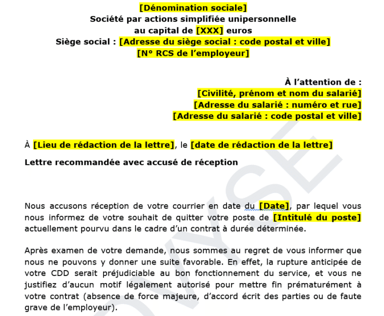 modèle de lettre de refus ou d’acceptation de rupture anticipée d’un cdd