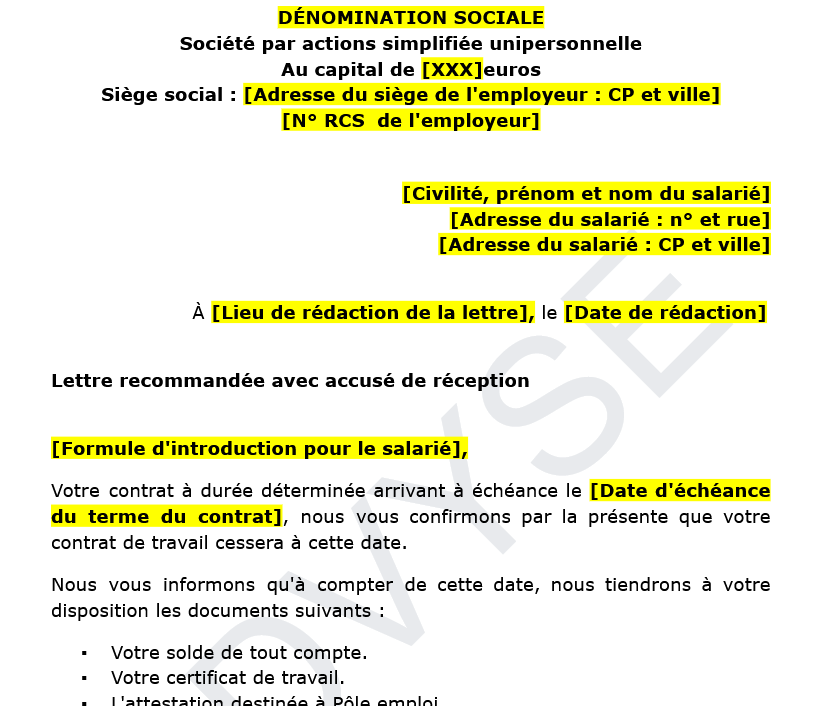 Modèle de notification de cessation du contrat à durée déterminée