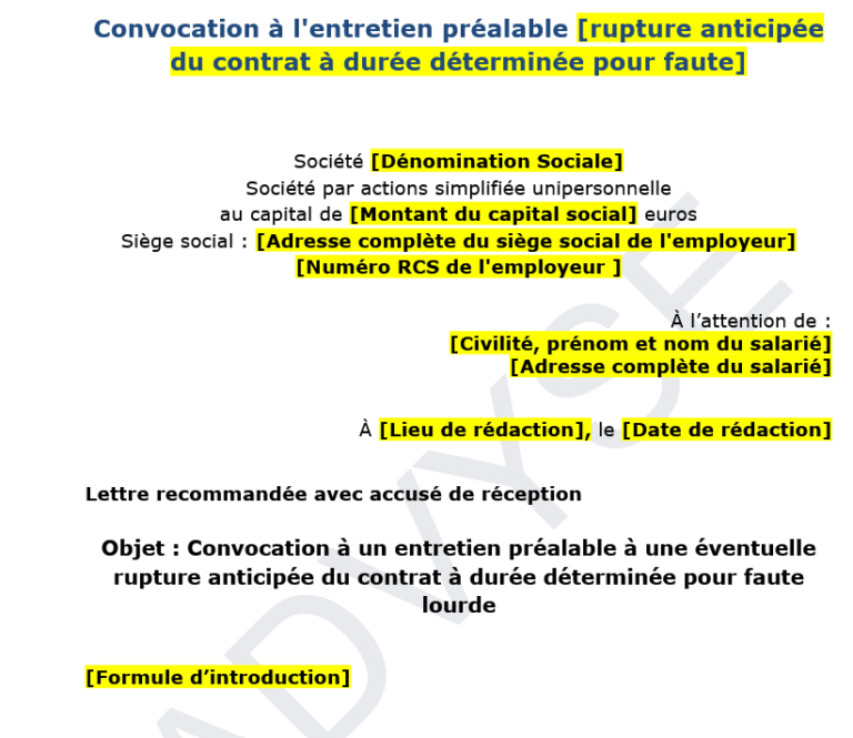 Convocation à l'entretien préalable [rupture anticipée du contrat à durée déterminée pour faute]