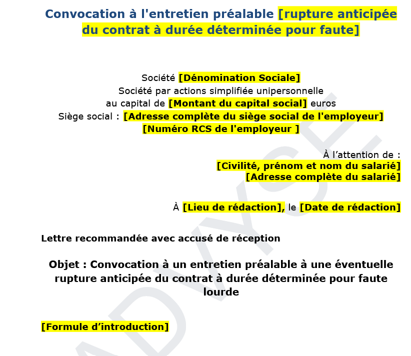 Convocation à l'entretien préalable [rupture anticipée du contrat à durée déterminée pour faute]