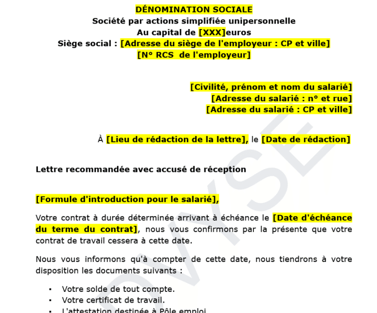 notification de cessation du contrat à durée déterminée