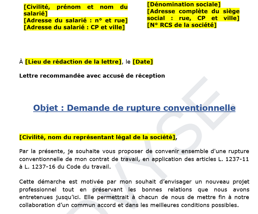 Lettre de demande de rupture conventionnelle par le salarié