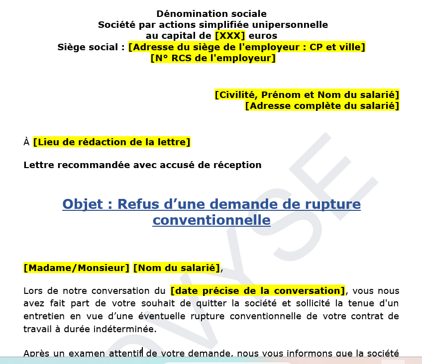 Lettre de l’employeur refusant la rupture conventionnellel