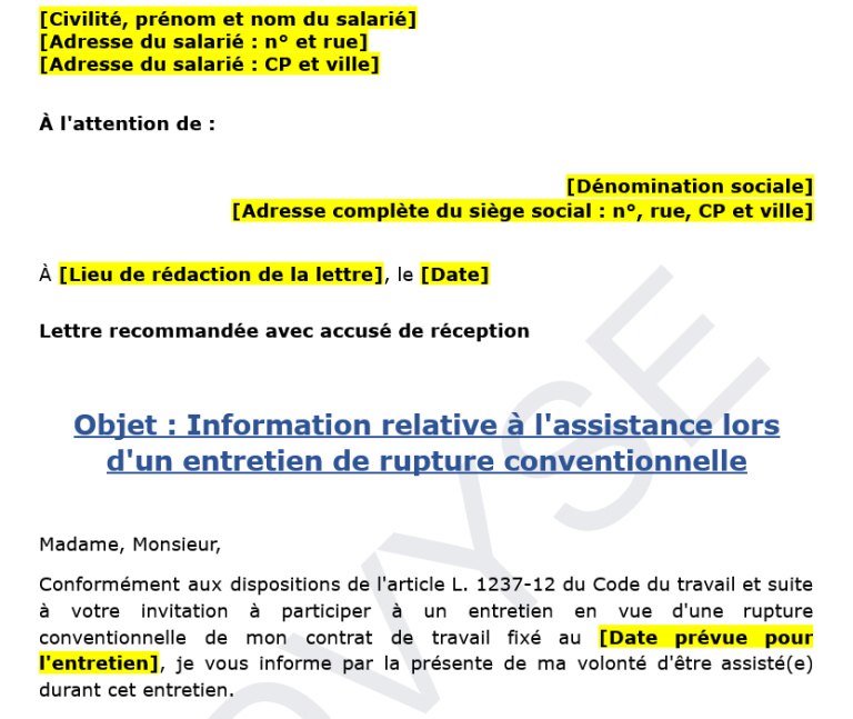 modèle de lettre du salarié informant l'employeur de sa décision de se faire assister