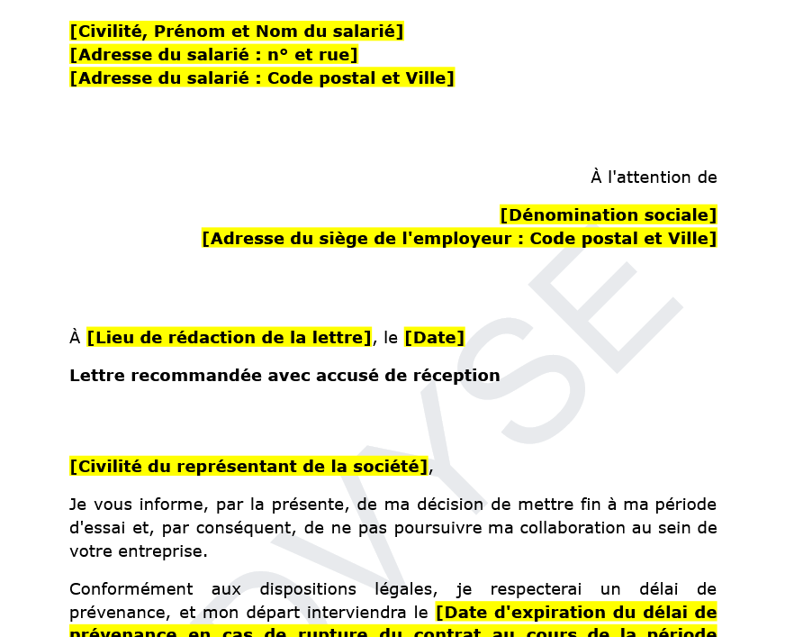 Modèle de lettre de rupture du contrat au cours de la période d’essai (salarié)