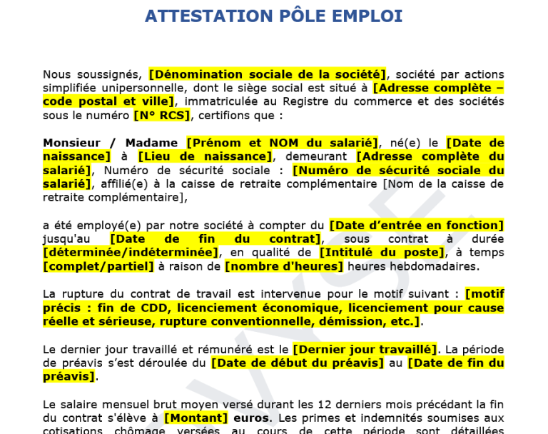 Attestation Pôle emploi après rupture de contrat : modèle à télécharger