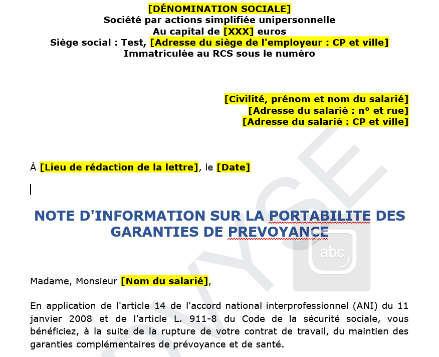 modèle de note d'information sur la portabilité des garanties de prévoyance