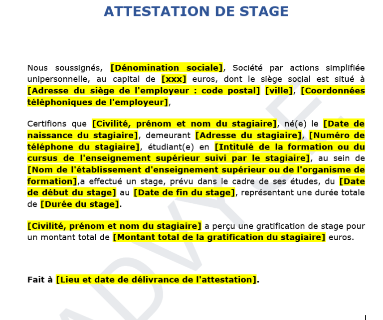 modèle d’attestation de stage