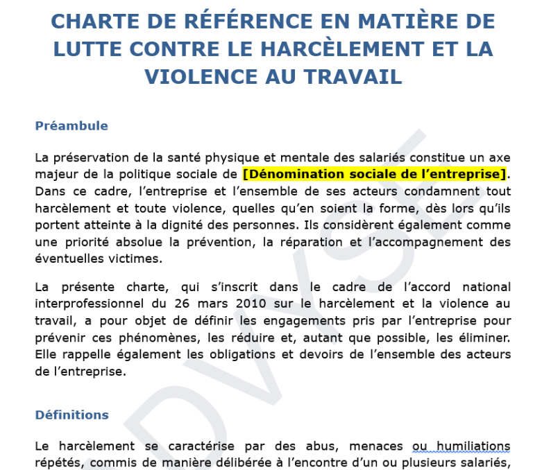 modèle de charte de prévention et de gestion du harcèlement moral