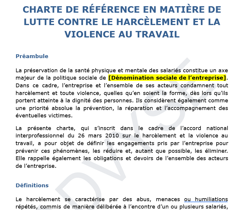 modèle de charte de prévention et de gestion du harcèlement moral