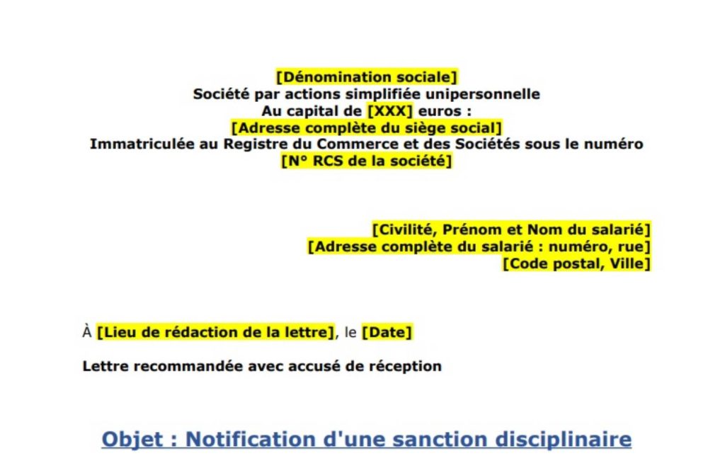 Notification de la sanction disciplinaire