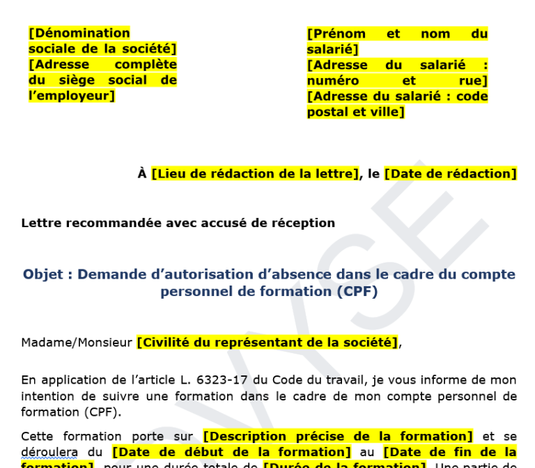 modèle d’autorisation d’absence pour formation cpf