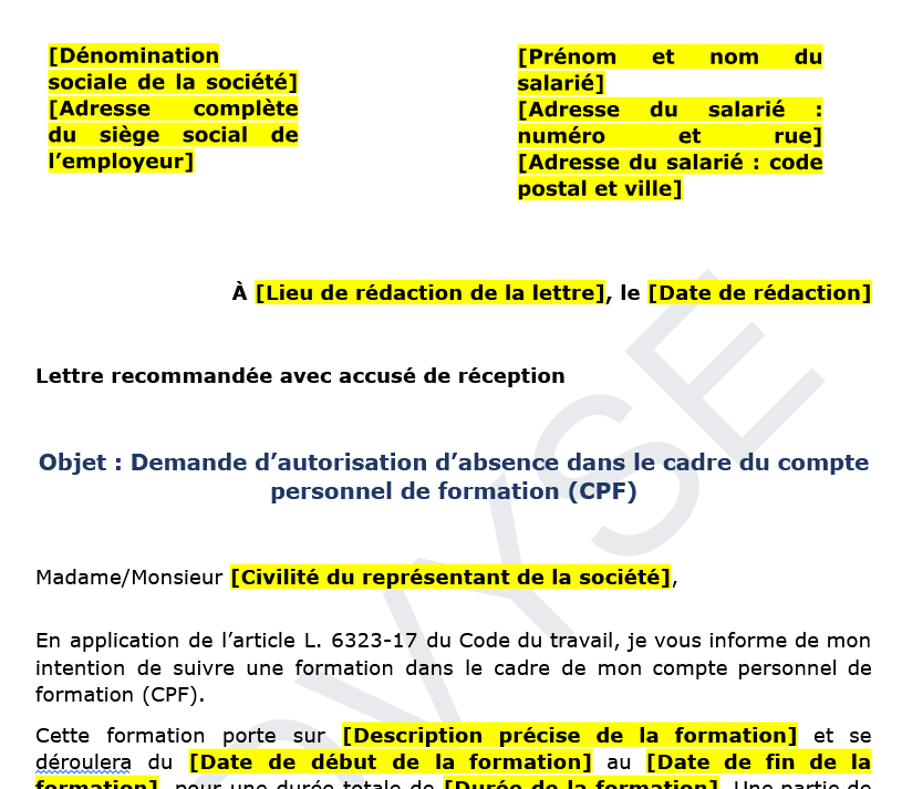modèle d’autorisation d’absence pour formation cpf
