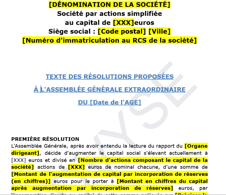 modèle de projet de résolution sas augmentation de capital par incorporation de réserves