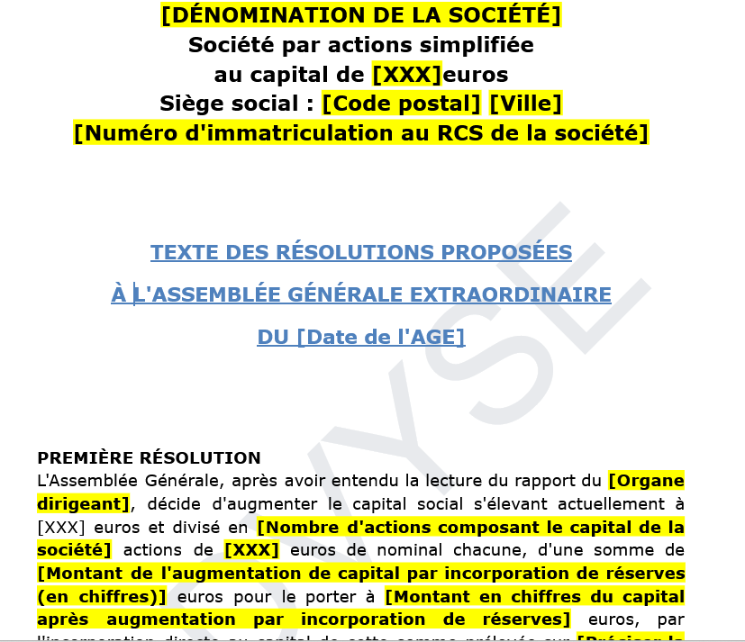 modèle de projet de résolution sas augmentation de capital par incorporation de réserves