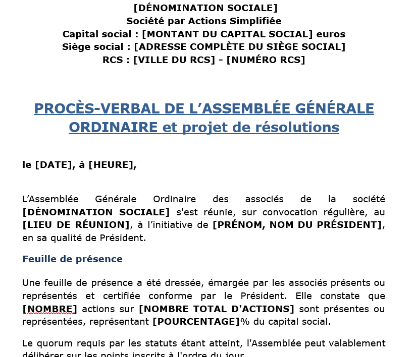 modèle de procès-verbal de l’ago et projet de résolutions sas