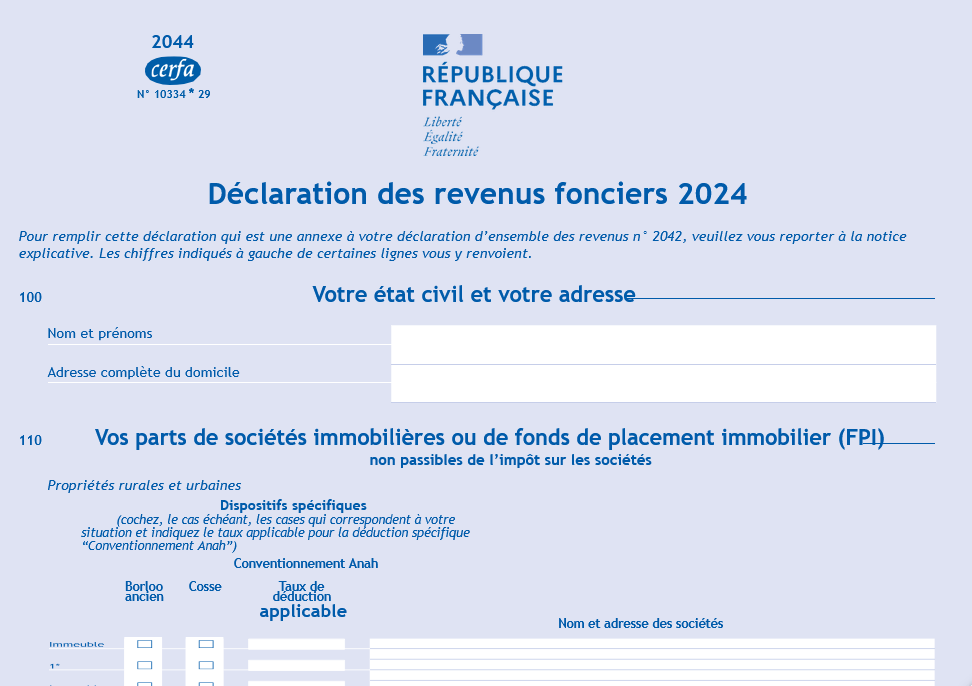 Modèle de déclaration de revenus fonciers en location nue