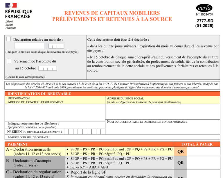 Modèle de déclaration de revenus de capitaux mobiliers (formulaire 2777-SD)