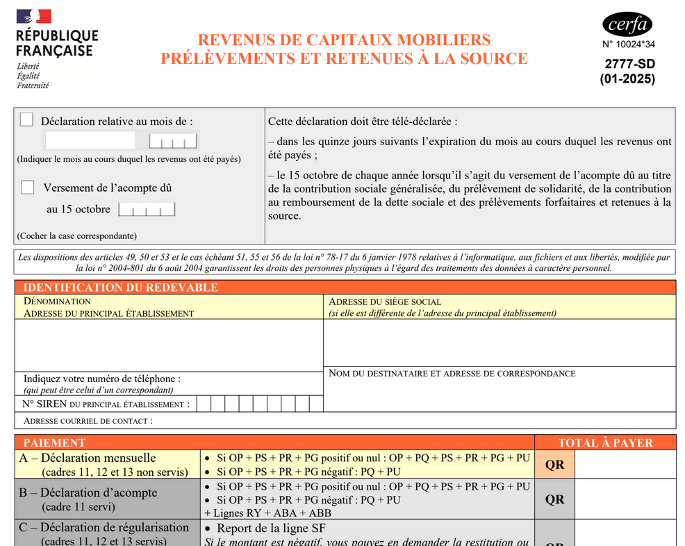 Modèle de déclaration de revenus de capitaux mobiliers (formulaire 2777-SD)